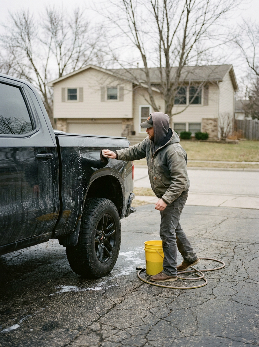 Foam wash on a Silverado pickup on a Yorkville driveway