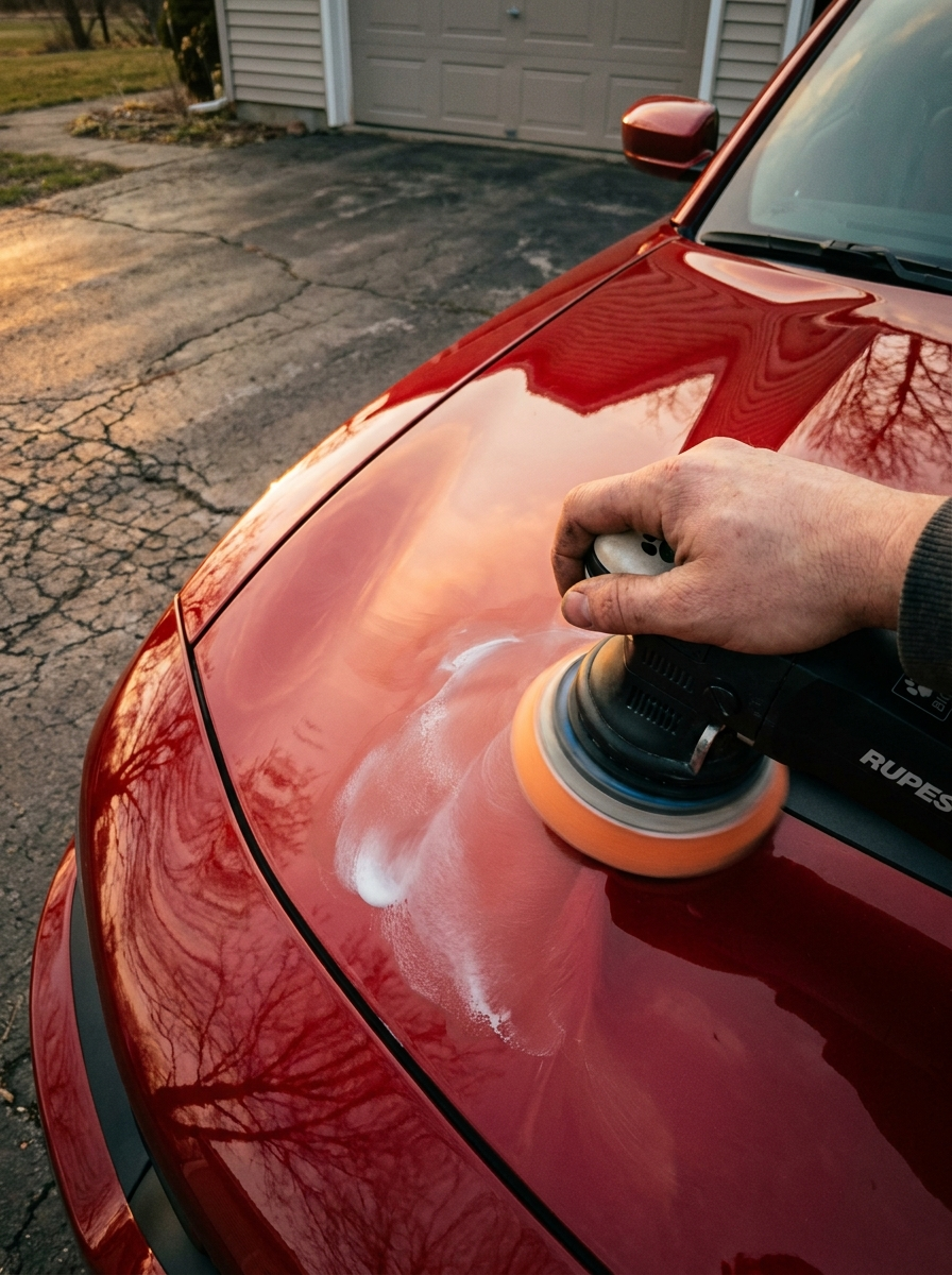 Paint correction polisher on a candy-red Dodge Charger hood at golden hour