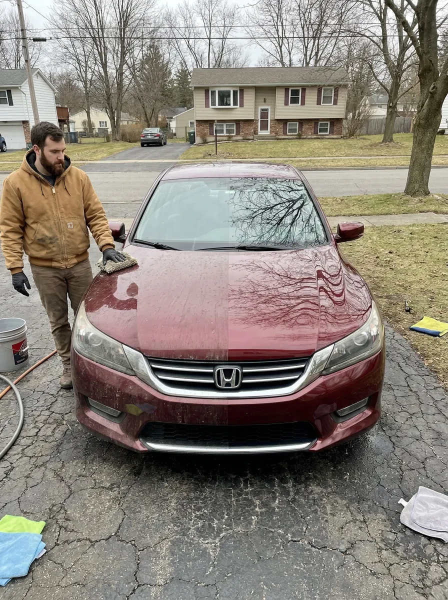Before-and-after split on the hood of a maroon Honda Accord — dirty left half, washed glossy right half