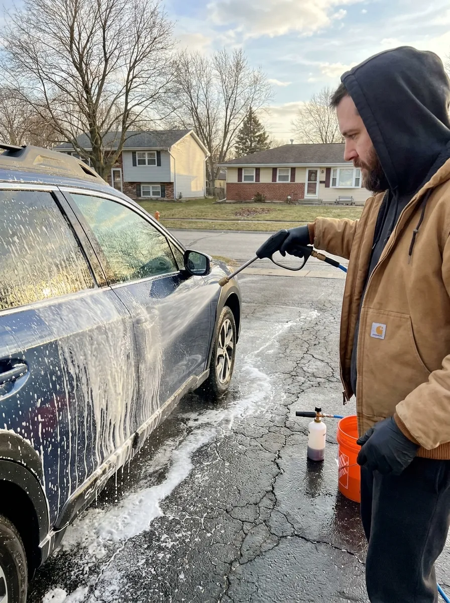 Foam wash rinsed off a dark blue Subaru Outback with a pressure washer