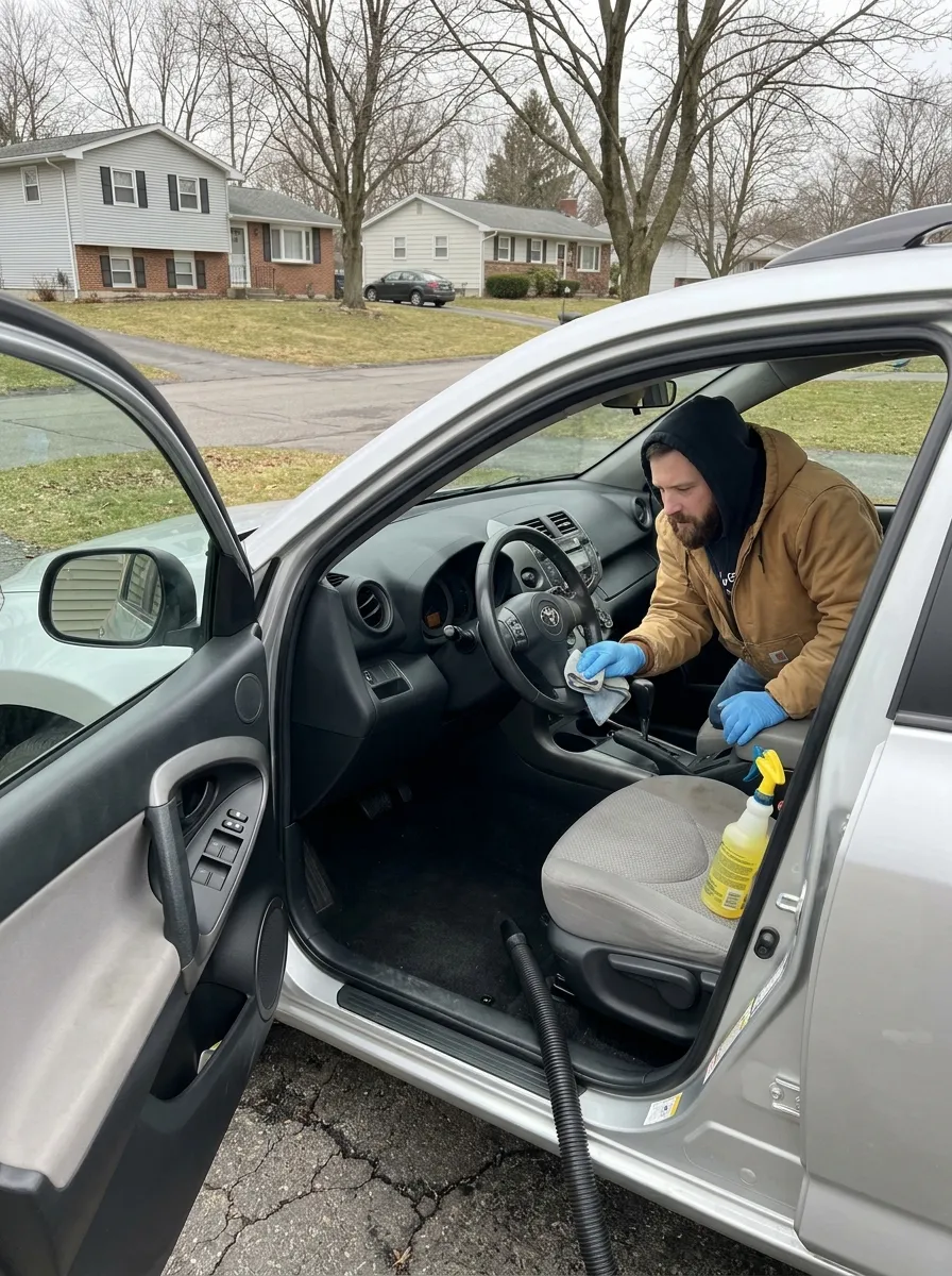 Detailer wiping down the console of a silver Toyota RAV4 with a microfiber, door open on a Yorkville driveway