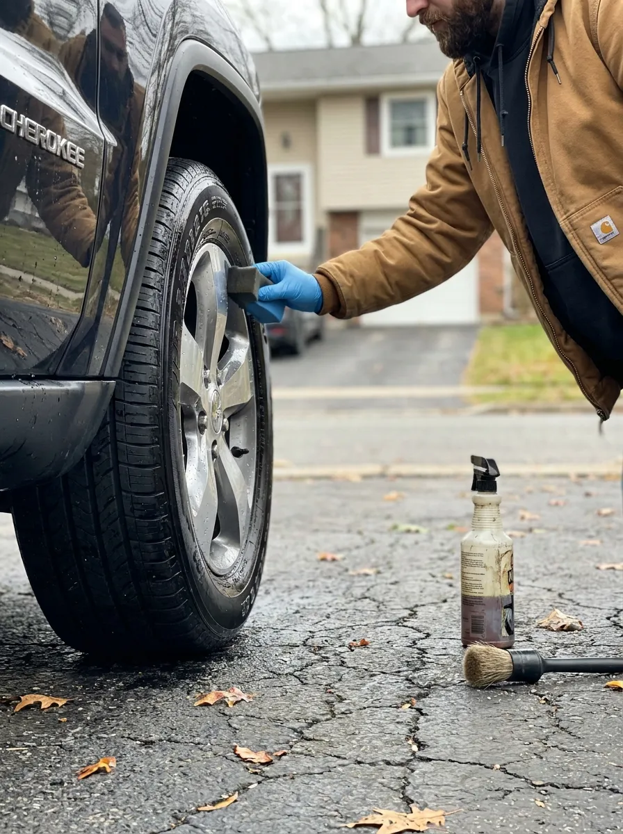 Tire dressing applied to a Jeep Grand Cherokee alloy wheel with a foam applicator