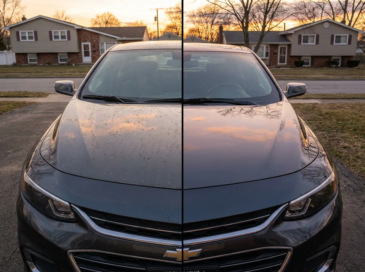 Before-and-after split on the hood of a dark gray Chevy Malibu sedan at golden hour, dusty paint to mirror-finish gloss