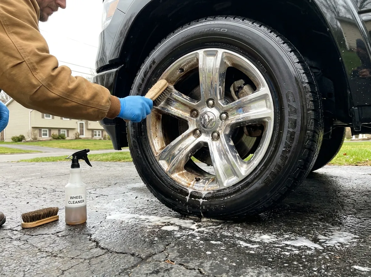 Close-up of a detailer scrubbing the alloy wheel of a black Dodge Ram pickup with a detail brush, brake dust dissolving in foam
