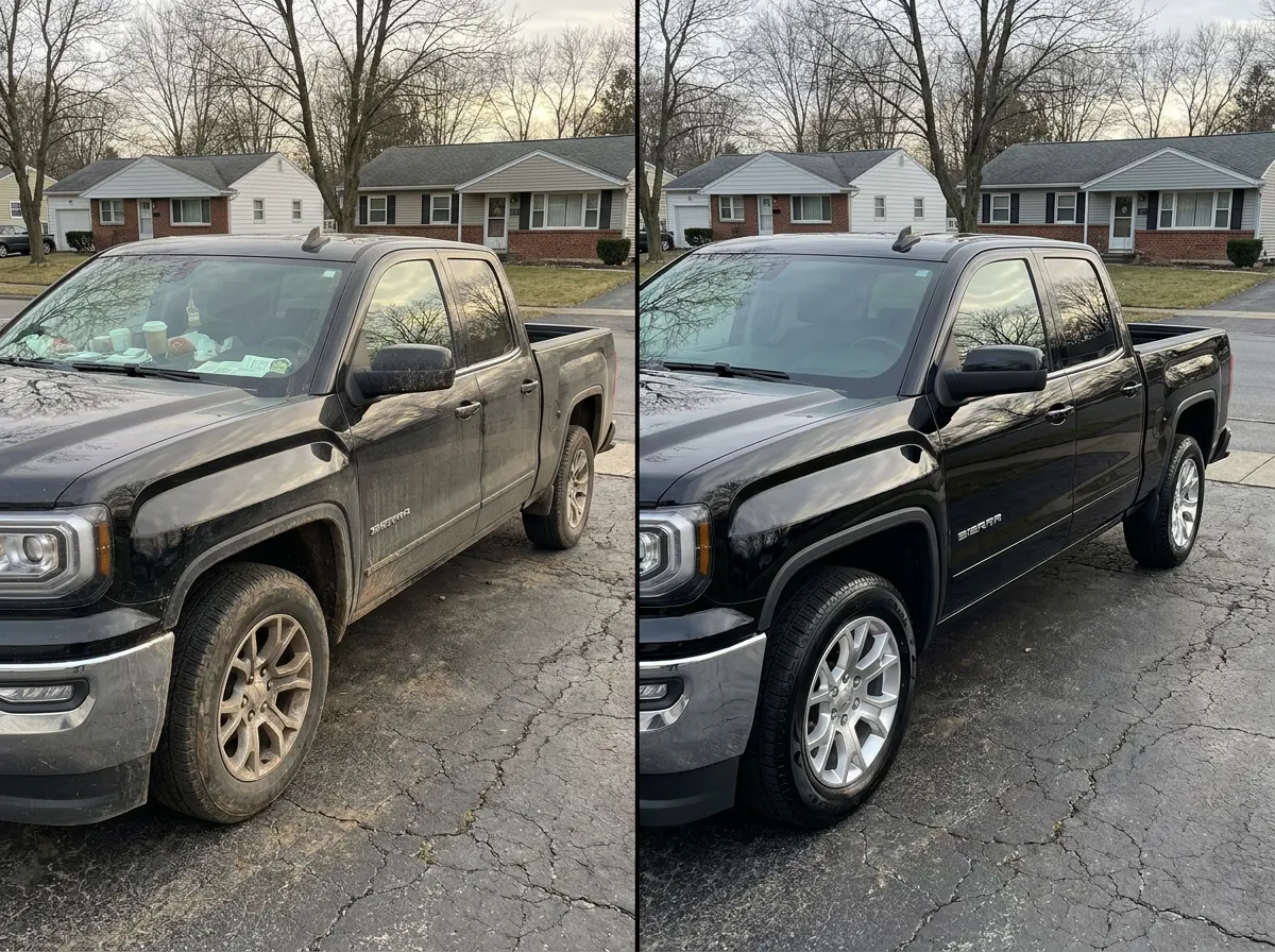 Before-and-after side-by-side of a black GMC Sierra pickup, dusty paint and grimy wheels turned glossy and polished