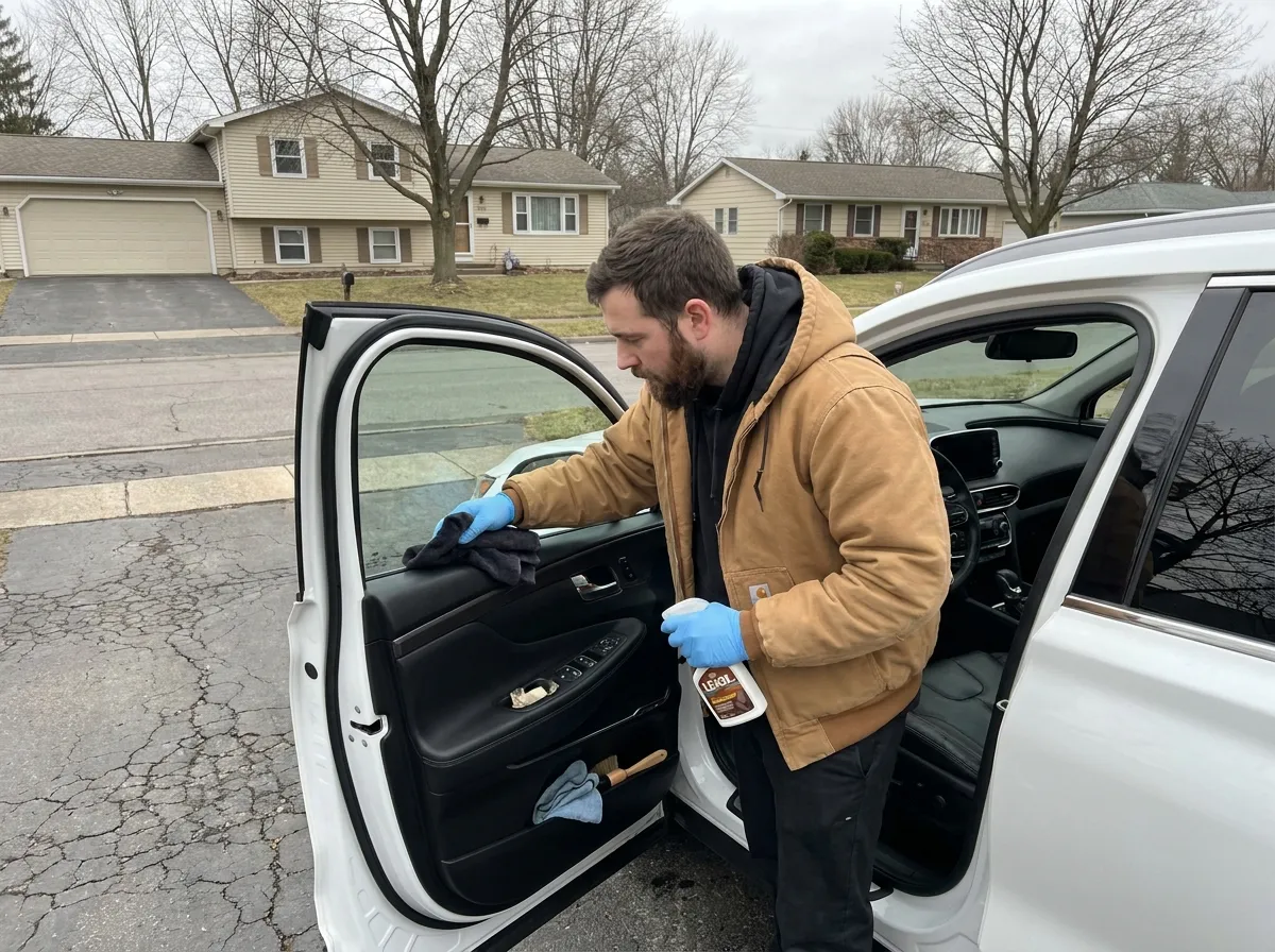 Detailer conditioning the interior of a white Hyundai Santa Fe on a Yorkville driveway