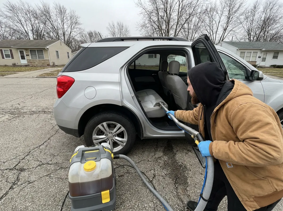 Carpet extractor pulling dirty water out of a silver Chevy Equinox back seat