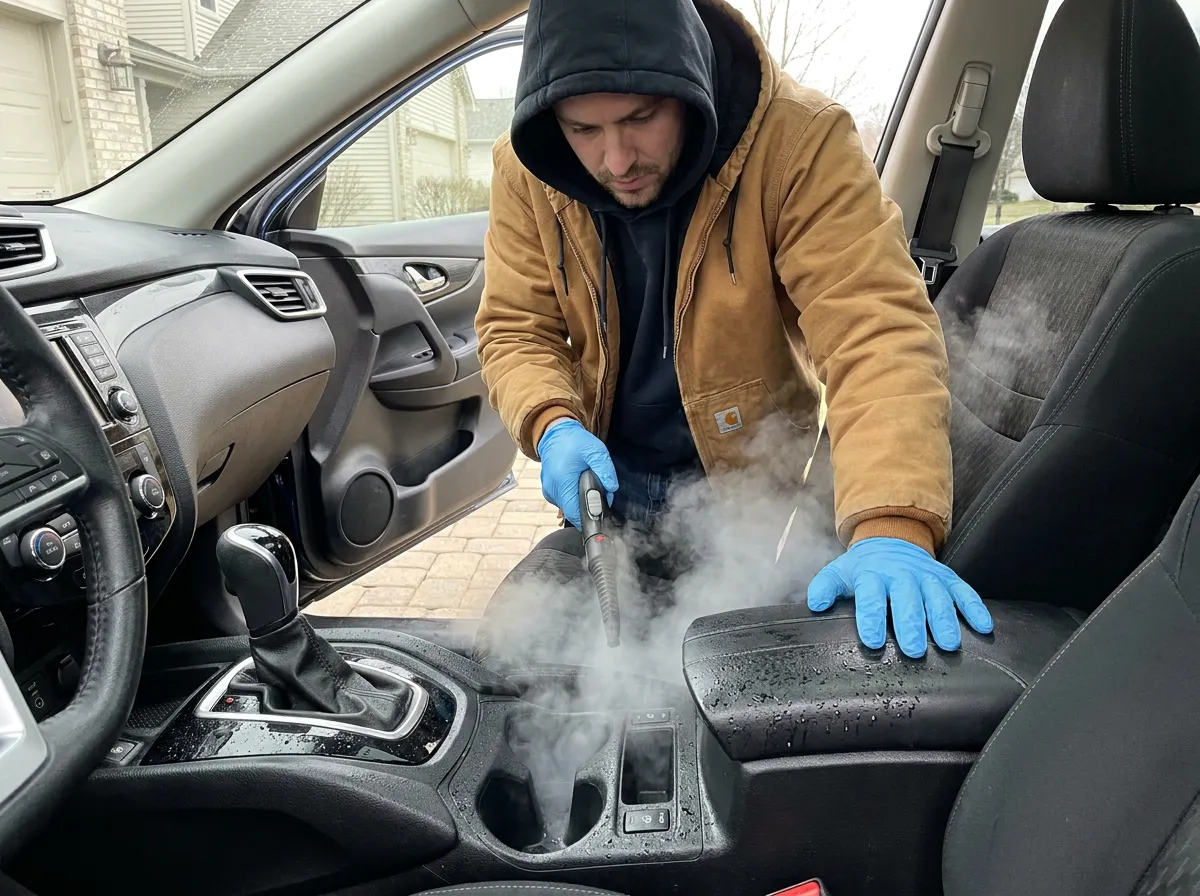 Steam sanitizing the console and dashboard of a Nissan Rogue interior