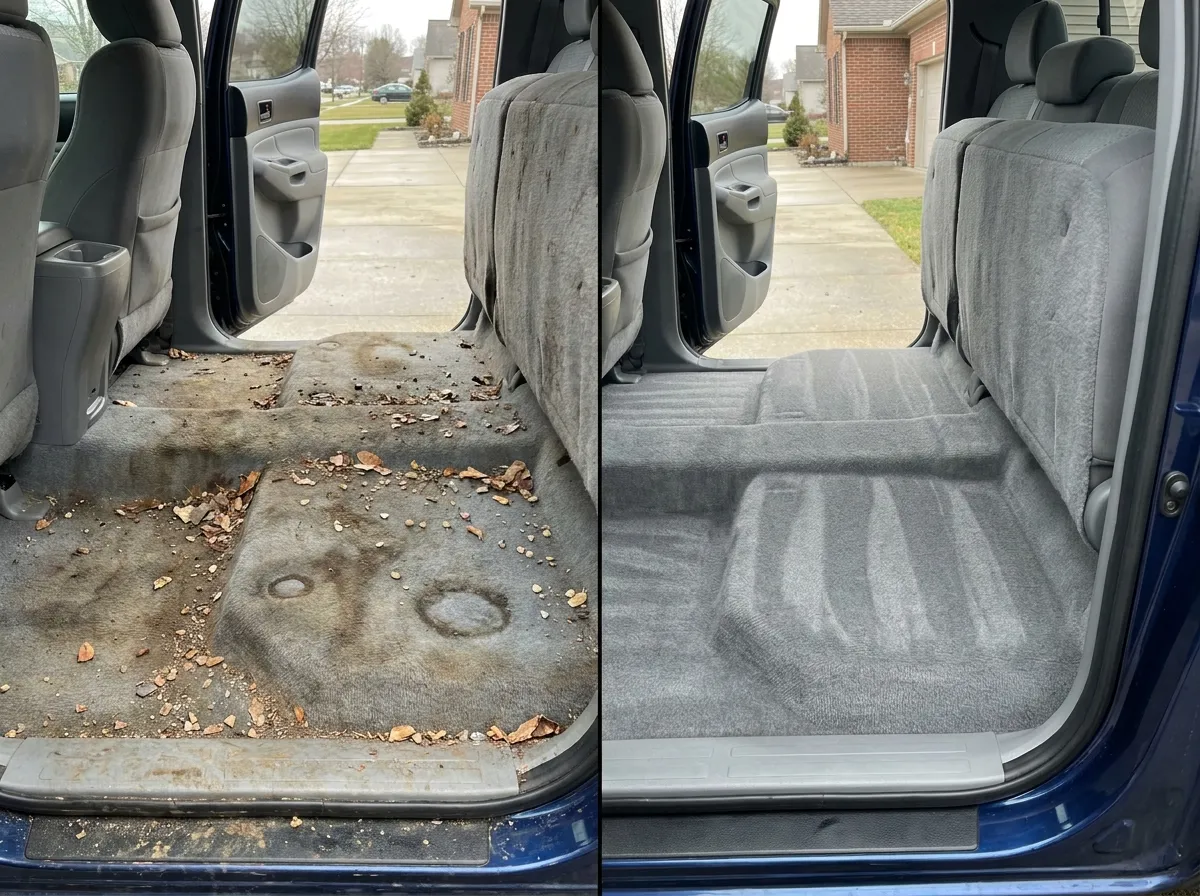 Before-and-after side-by-side of the rear floor of a navy blue Toyota Tacoma, muddy carpet to fresh vacuum lines