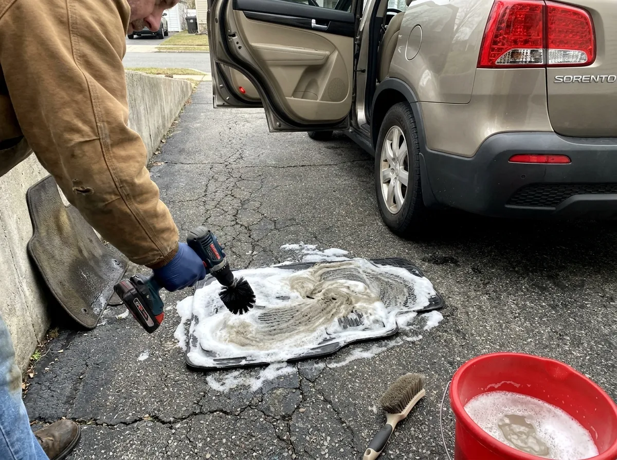 Drill brush scrubbing soapy foam into a floor mat on the driveway next to a tan Kia Sorento