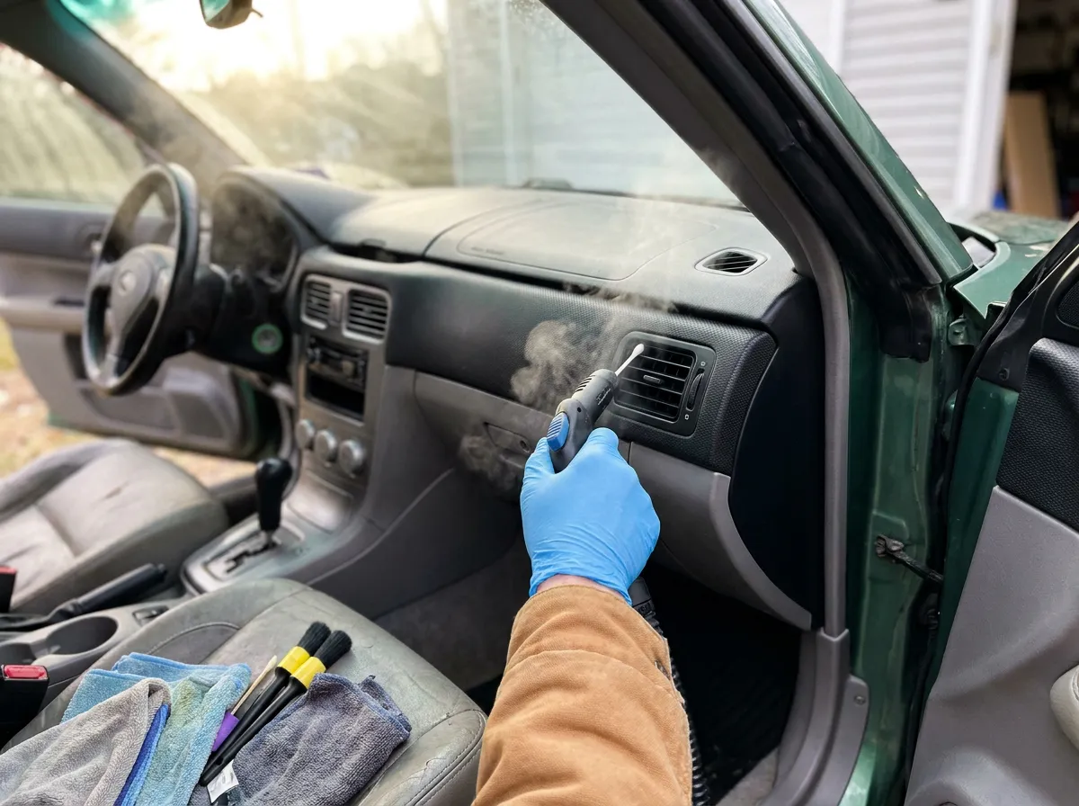 Steam cleaner nozzle cleaning the dashboard vents of a green Subaru Forester at golden hour