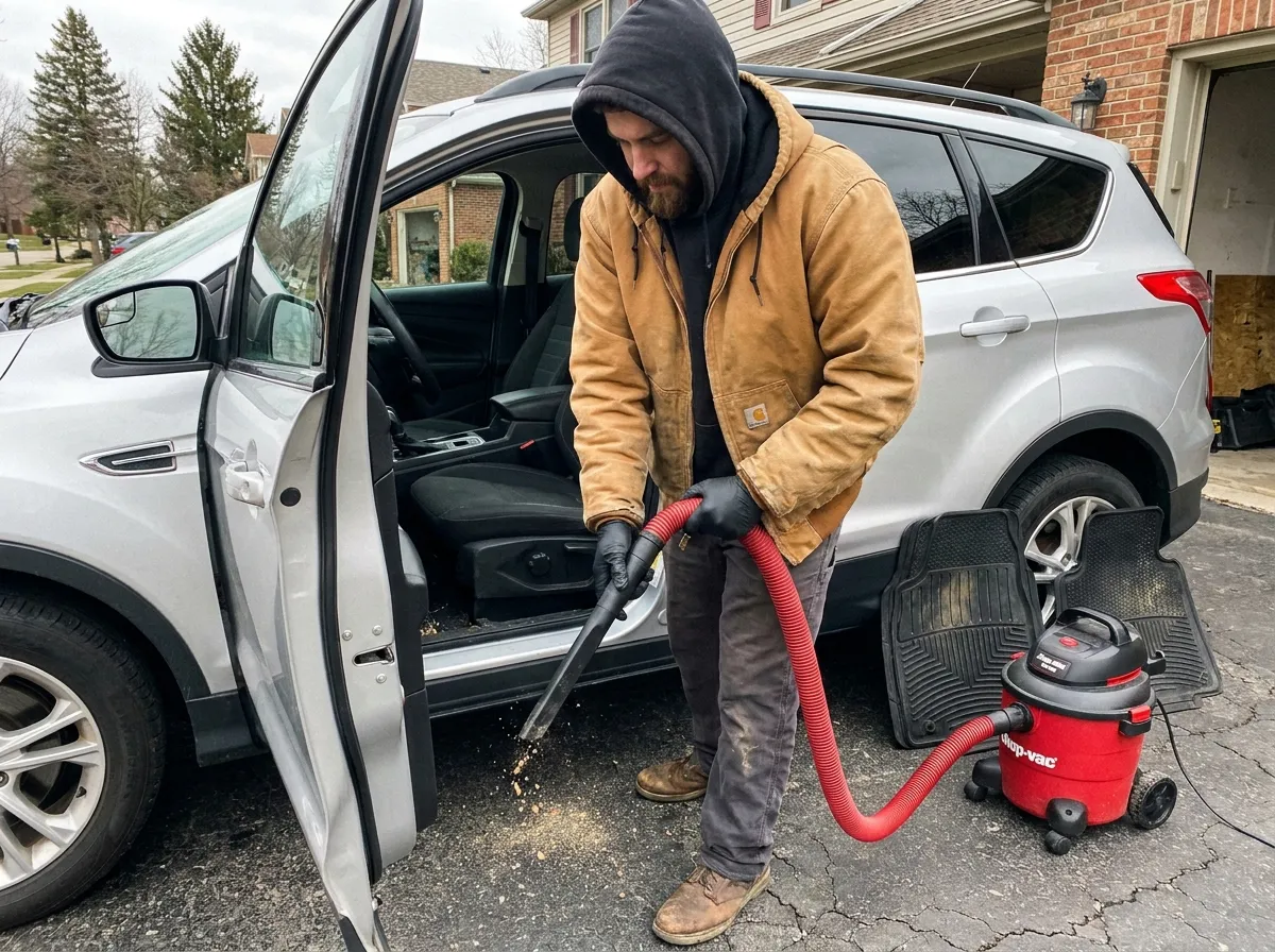Detailer vacuuming the floor and seat rails of a silver Ford Escape SUV with a red Shop-Vac